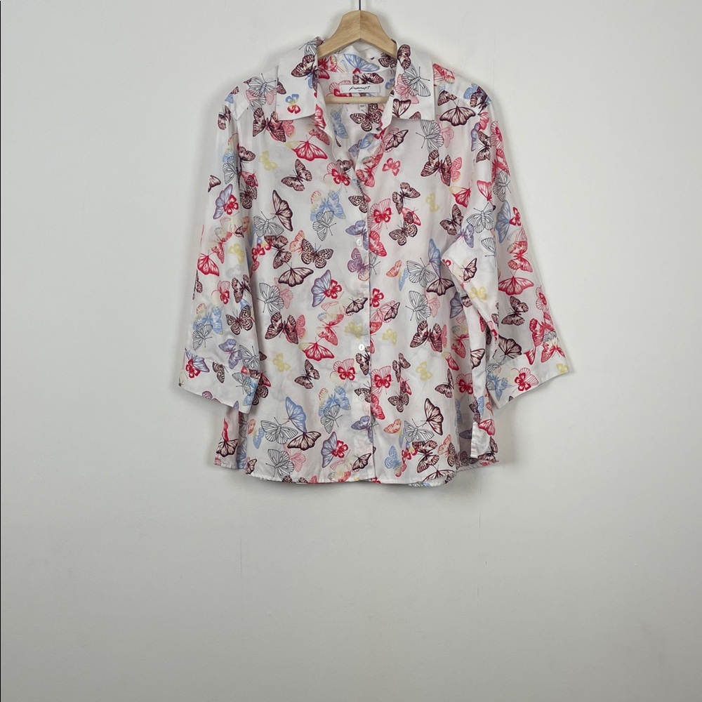 Foxcroft White Button-Front Shirt with Colorful Butterfly Print